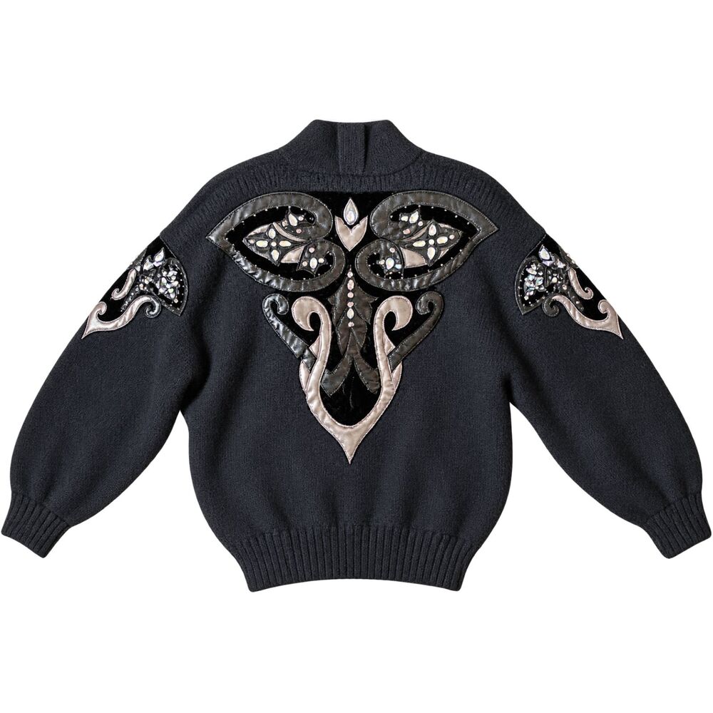 Vintage I.B. Diffusion Black Wool Blend Sweater Embellished Beaded Applique Sz S